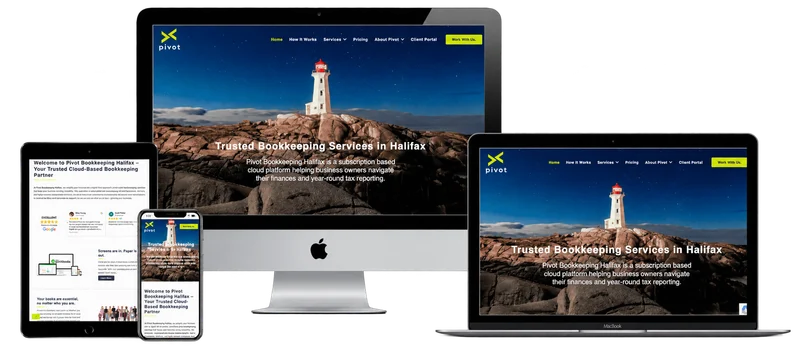 Pivot Bookkeeping website displayed on desktop, laptop, tablet and phone